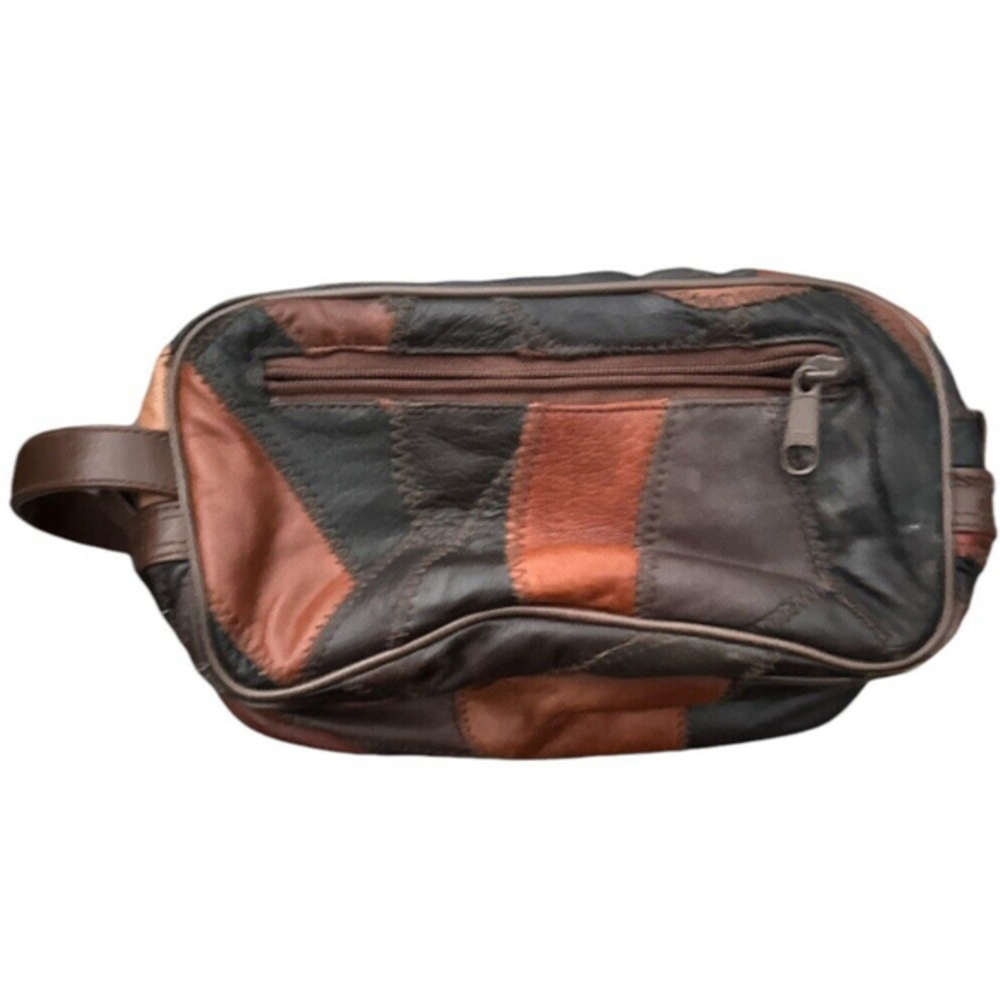 Vintage Leather Patchwork Travel Toiletry Bag Kit Men Case Multi Compartments